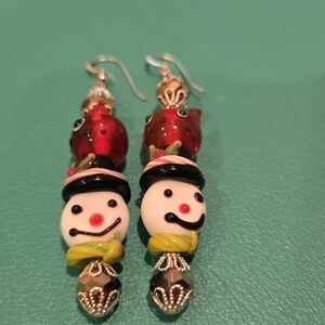Handmade snowman & cat glass bead w/ silvertone accents 3" dangle earrings NWOT